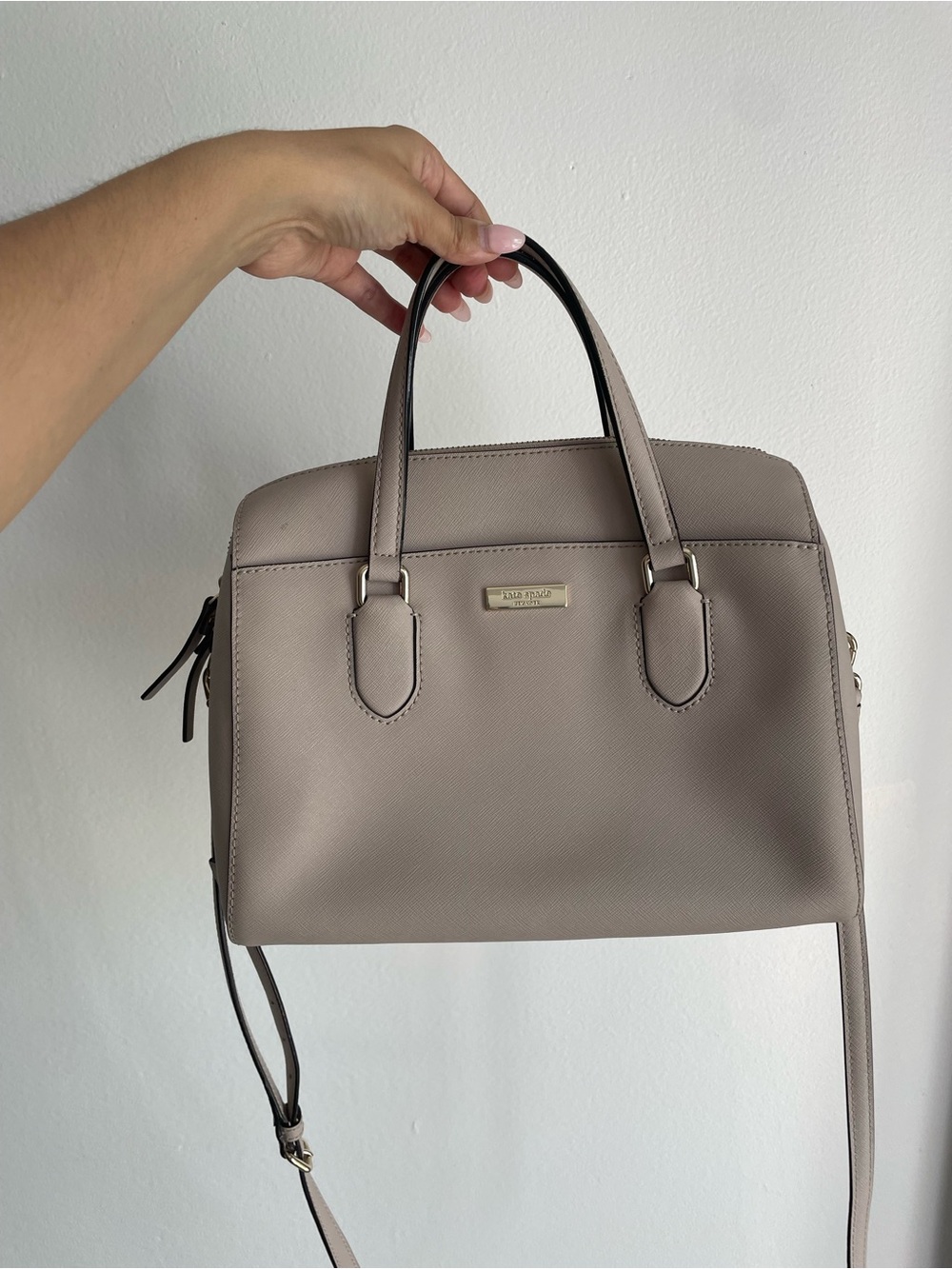 Kate Spade New York Saffiano Leather Satchel Crossbody – Soft Taupe/Stone